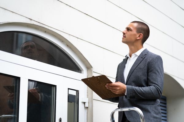 Appraiser inspecting the exterior of the house.