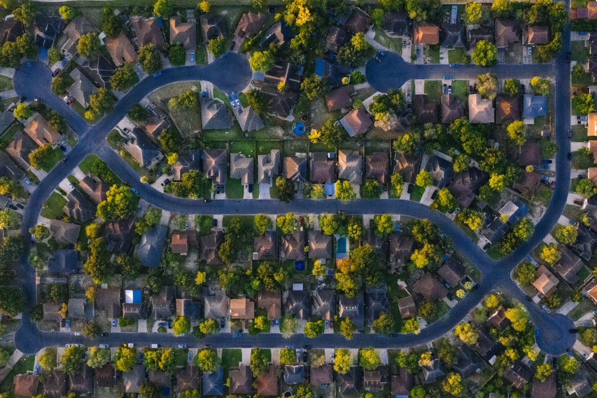 Aerial view of a residential area.