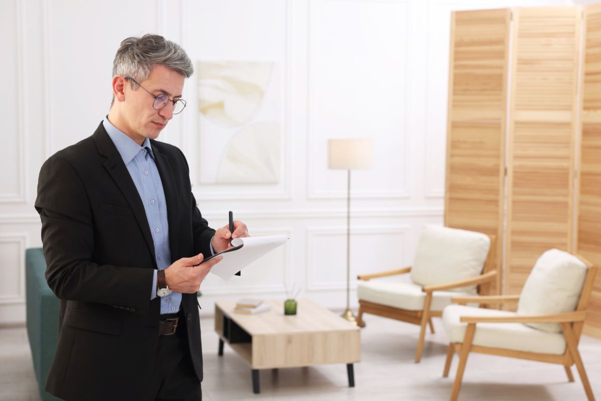 Appraiser conducting a home appraisal inspection.