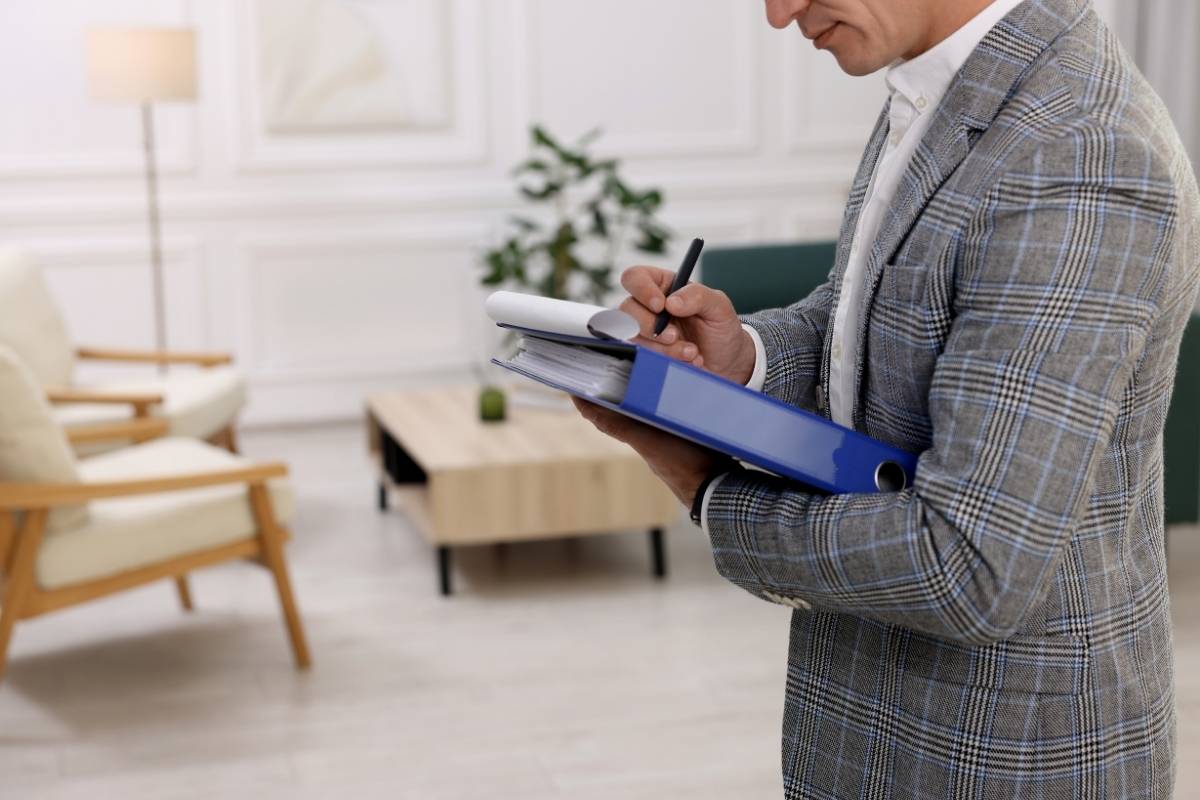 Real estate appraiser evaluating residential property
