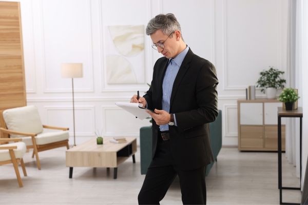 Appraiser conducting professional house valuation visit