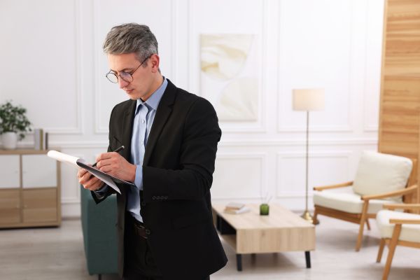 Appraiser conducting on site property appraisal