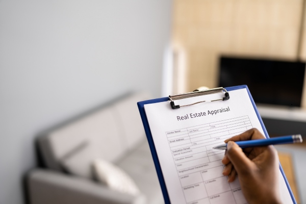 Home appraisal expert checking a checklist.