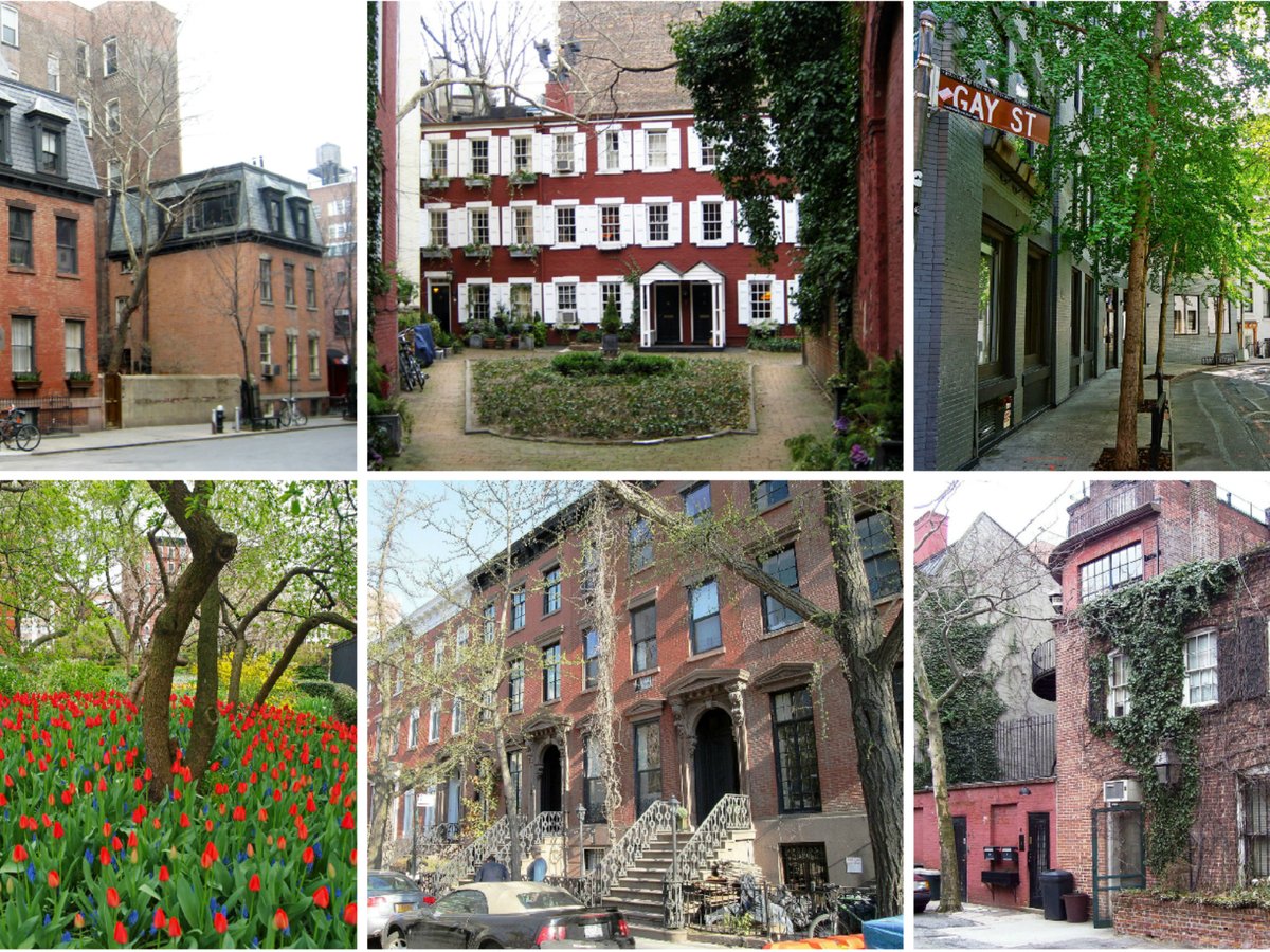 Collage of historic Greenwich Village streets, brownstones, townhouses, and landscaped courtyards within the Greenwich Village Historic District in Manhattan.