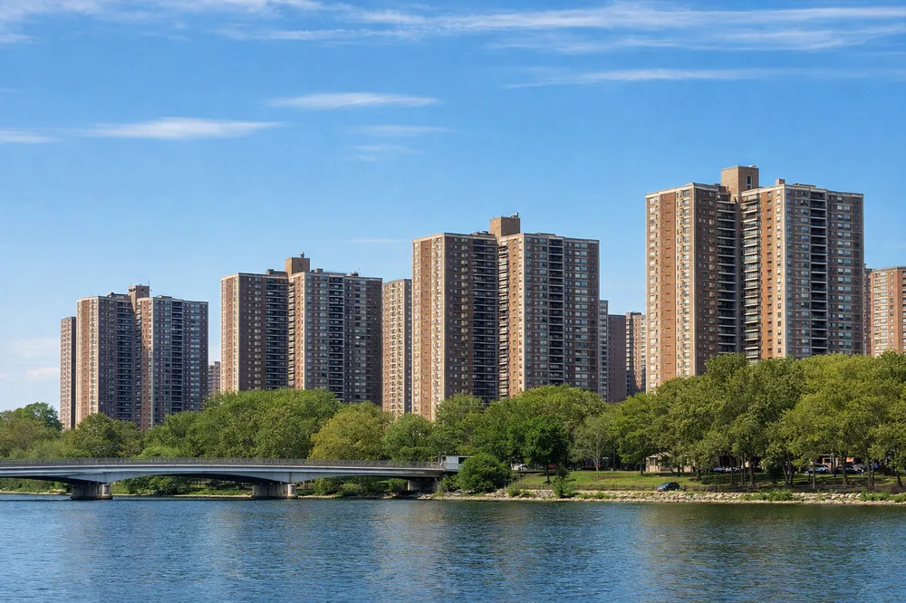 Aerial view of Co-op City Bronx featuring high rise residential cooperative buildings
