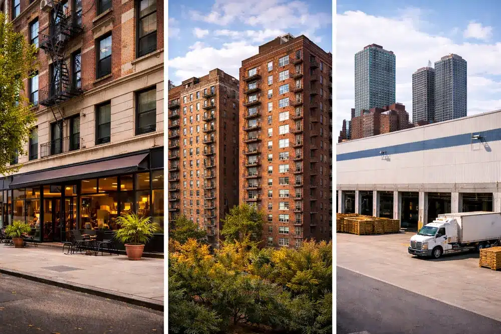 Different types of commercial properties in New York City needing appraisal, including mixed-use, multifamily, and industrial buildings
