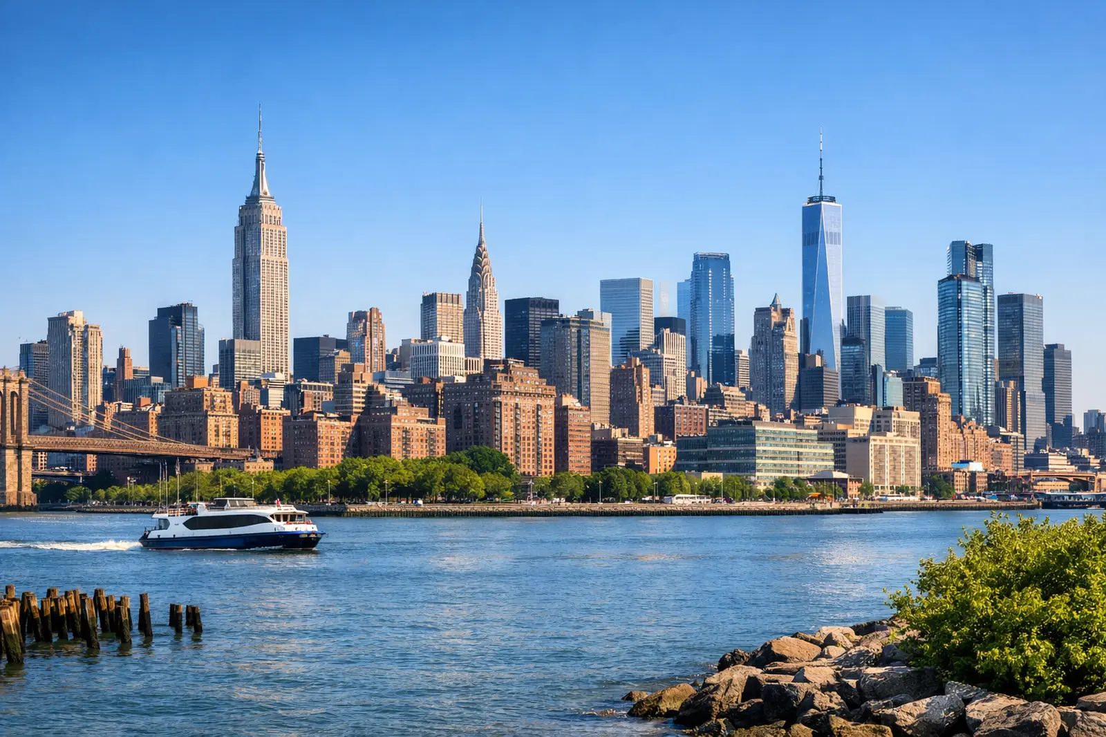 New York City skyline with Midtown and Lower Manhattan on a clear blue day