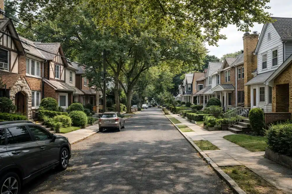 Tree-lined residential street in Queens, New York featuring classic brick and Tudor-style homes typical of Queens neighborhoods.