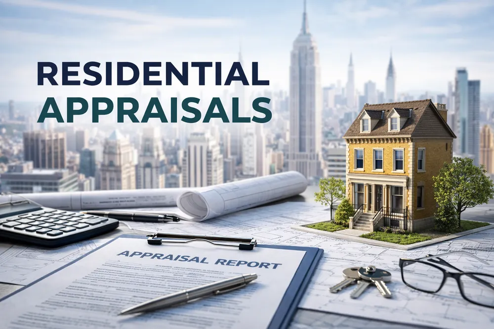 New York City residential real estate appraisal services with NYC skyline background