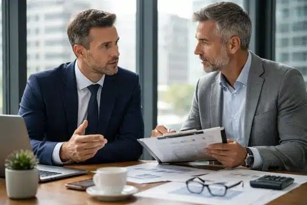 Businessman consulting commercial appraiser about pricing