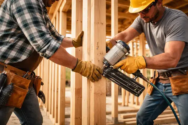 Construction workers framing home walls showing skilled labor costs that drive replacement cost higher than appraised value
