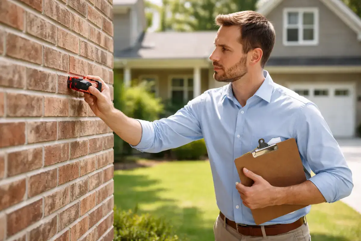 Appraiser measuring home exterior wall with laser tool during appraisal measurement process