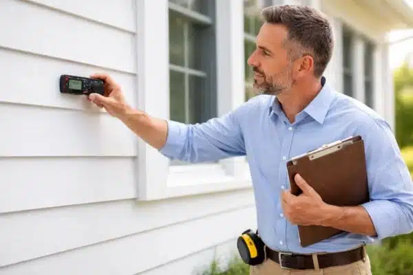 Appraiser measuring exterior wall for ANSI Z765 gross living area calculation