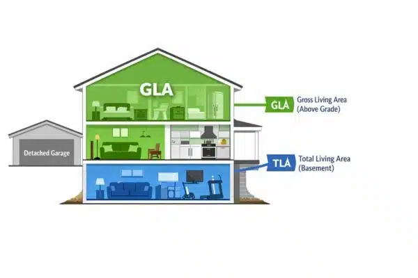 Infographic comparing gross living area vs total living area in a home