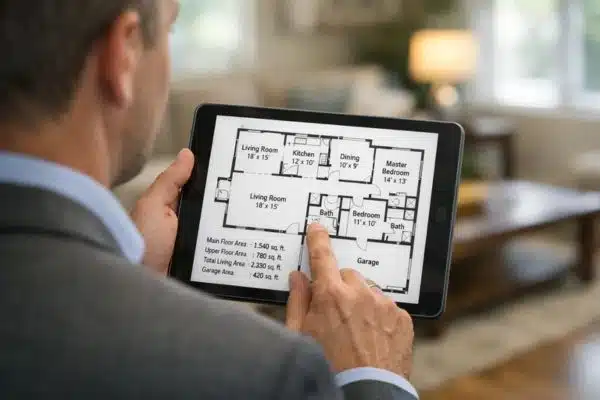 Computer-generated GLA floor plan sketch on appraiser tablet screen