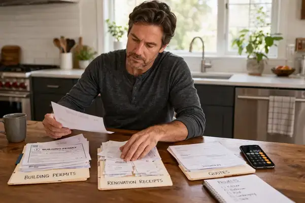 Homeowner preparing renovation documents before a home appraisal measurement visit