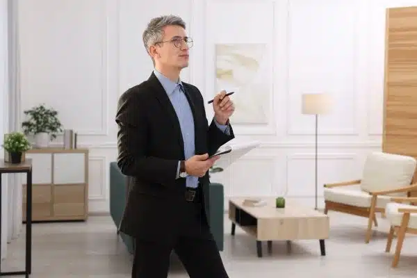 Property appraiser measuring residential home interior