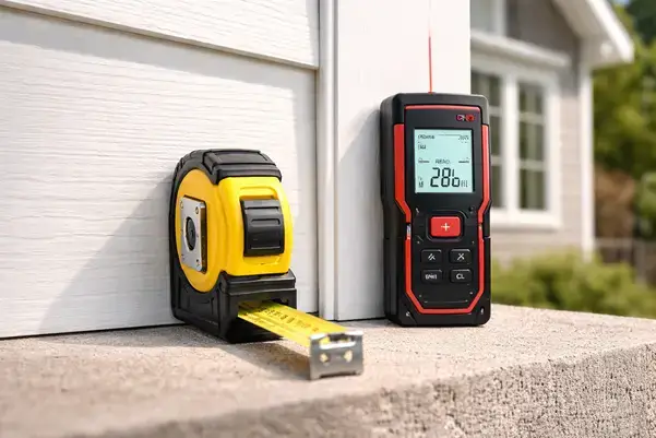 Traditional tape measure vs laser distance meter used in ANSI-compliant appraisal measurements