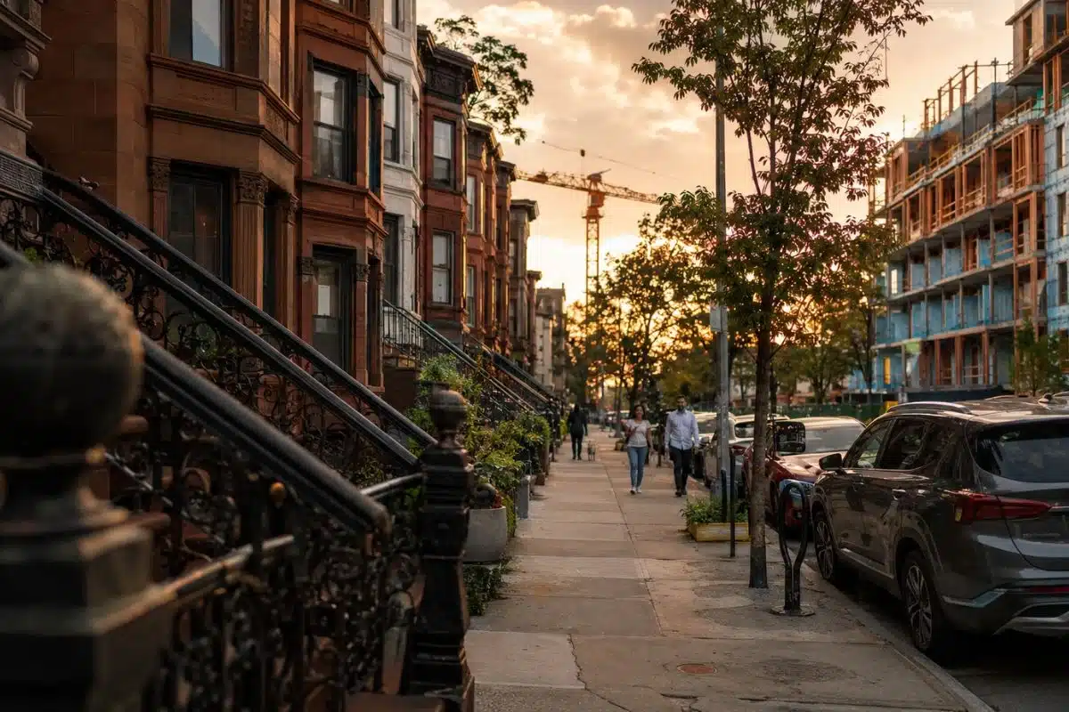 Brooklyn block with brownstones beside new construction