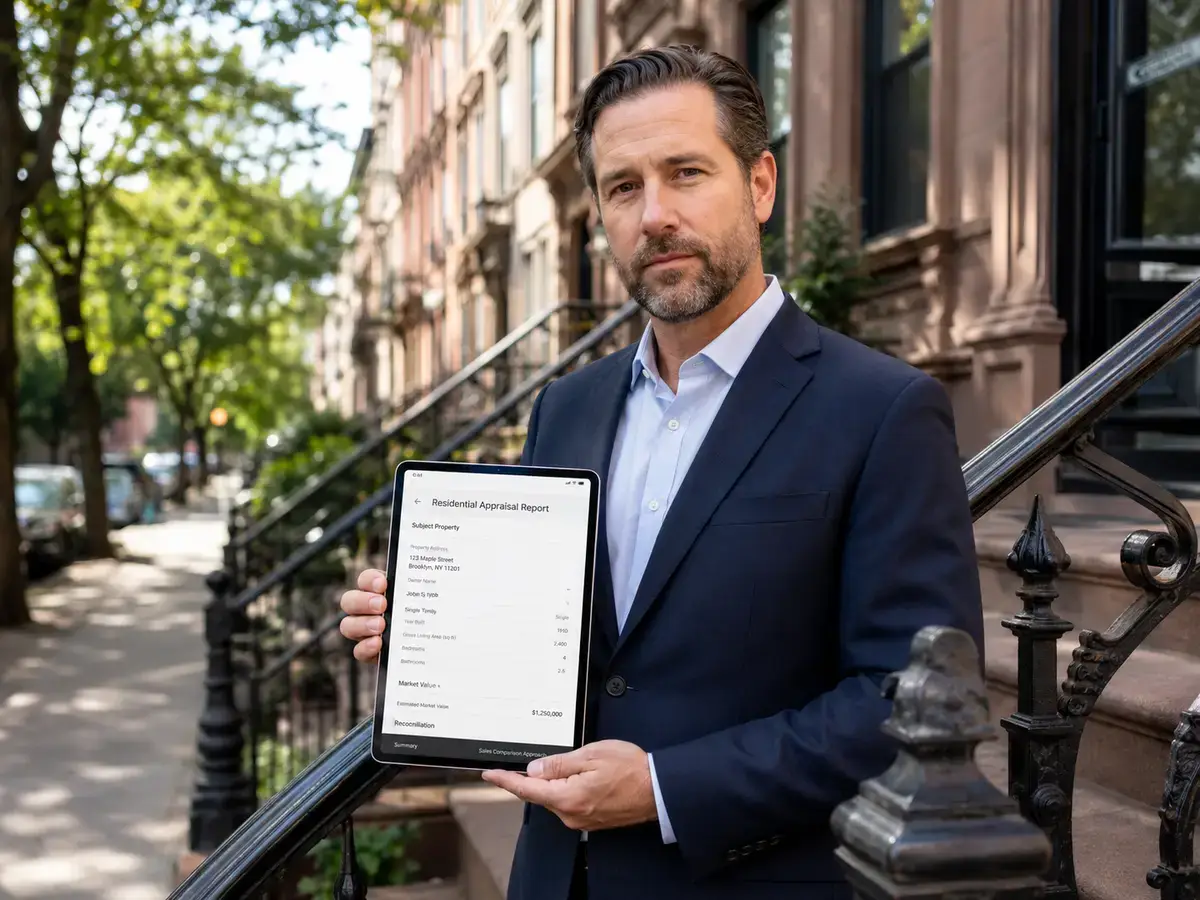 NYC appraiser reviewing UAD 3.6 form on tablet outside Brooklyn brownstone