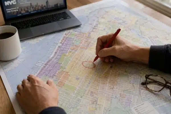Planner marking NYC zoning map with red pen