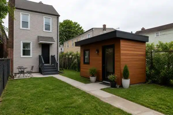 Backyard accessory dwelling unit behind single-family home