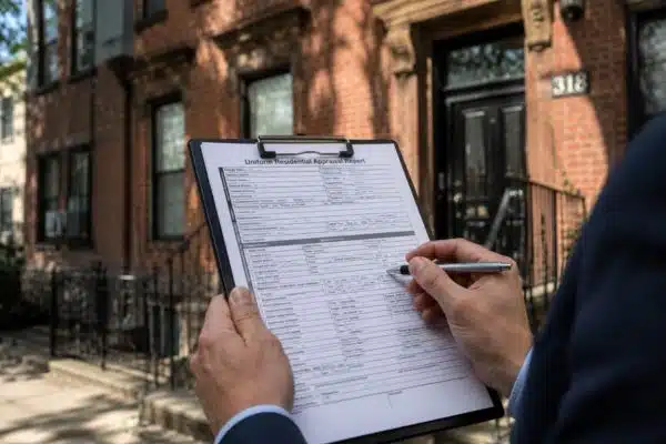Appraiser reviewing property form outside NYC building