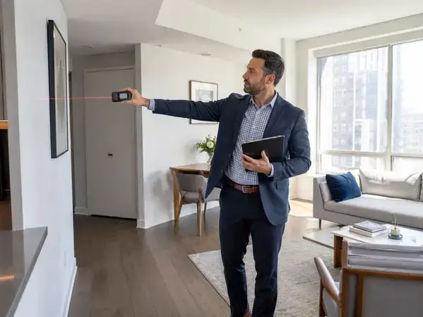 Residential appraiser measuring a Manhattan apartment for UAD 3.6 inspection
