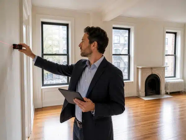 Appraiser measuring a Manhattan apartment with a laser tool for accurate square footage.