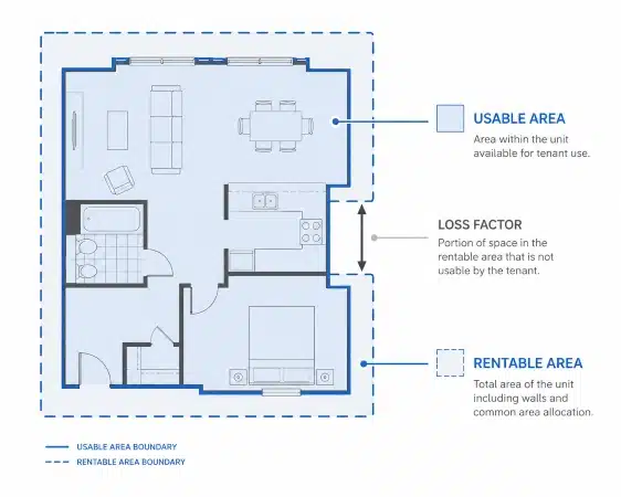 Infographic showing usable versus rentable square footage in a NYC apartment and the loss factor gap