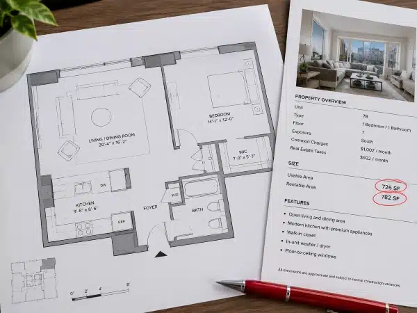 NYC condo floor plan next to a listing showing two different square footage numbers.