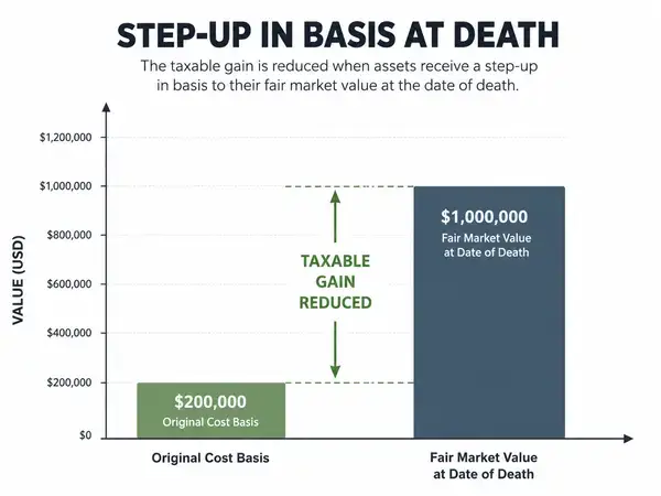 Stepped-up basis lowering capital gains tax diagram 