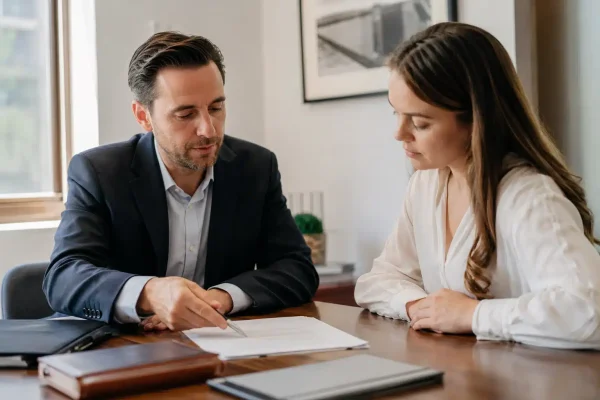 Owner and attorney reviewing paperwork before ordering a NYC property appraisal
