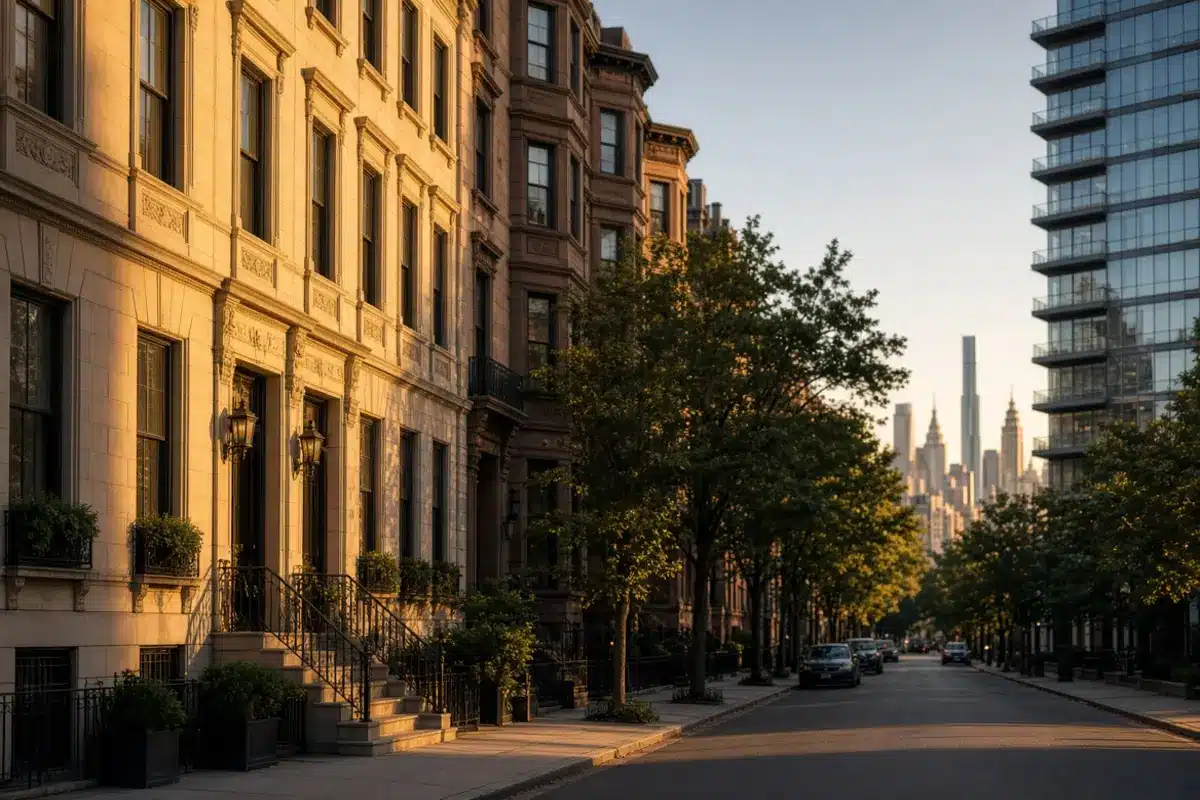 Photorealistic view of a classic Manhattan brownstone and modern high-rise co-op buildings under soft morning light with the New York City skyline in the background