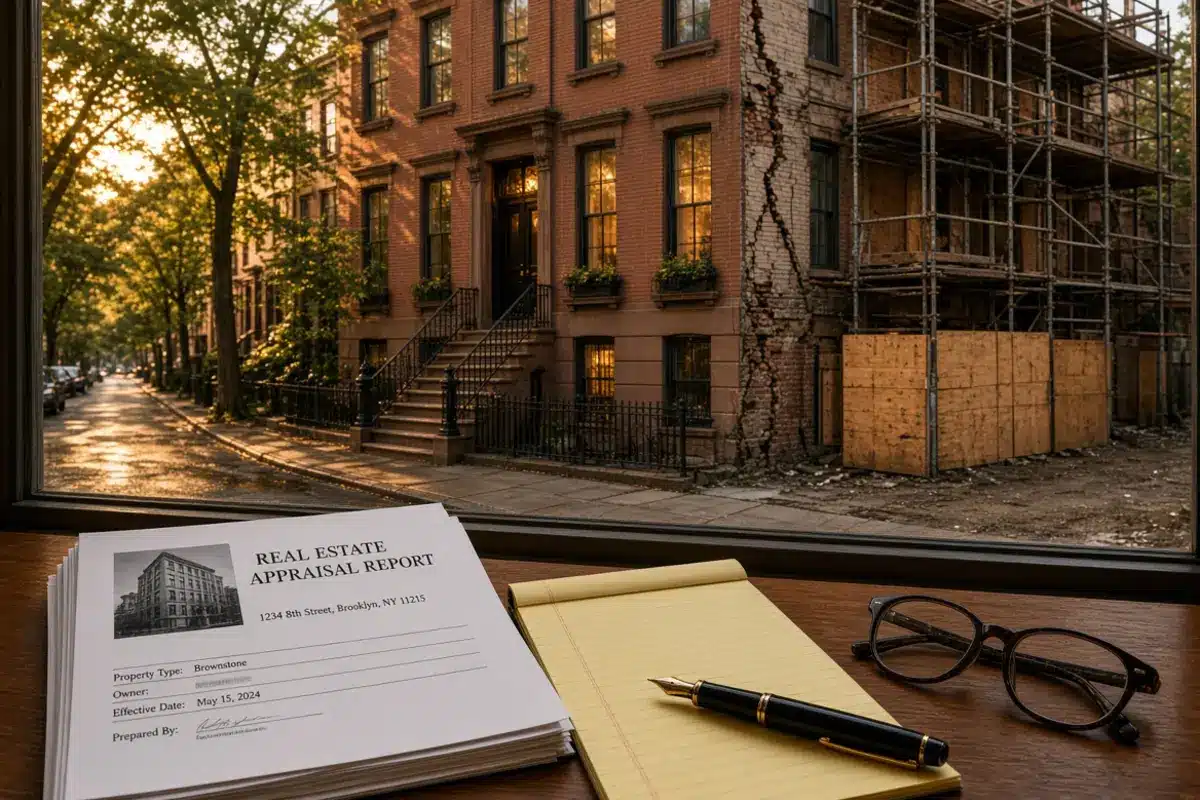 Photorealistic New York City brownstone with split before-and-after view showing intact facade versus structural cracks from neighboring excavation, legal documents and appraisal report in foreground