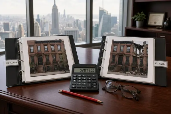 Professional desk scene showing two dated appraisal reports side by side for the same NYC property, one marked before and one after an event