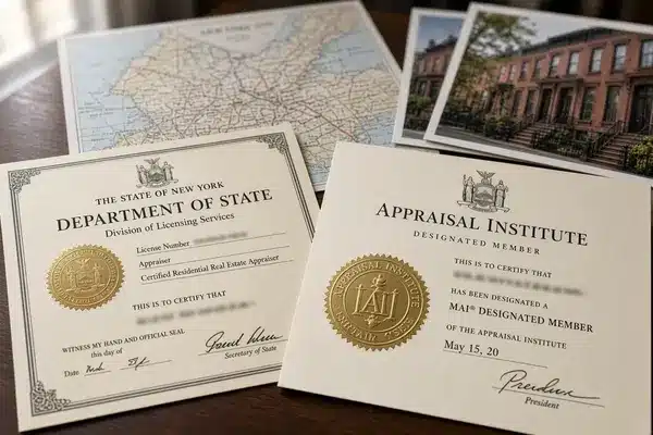 Close-up of official New York State real estate appraiser license certificates and Appraisal Institute credentials on a dark wood desk with golden seals, blurred map and brownstone photos in the background