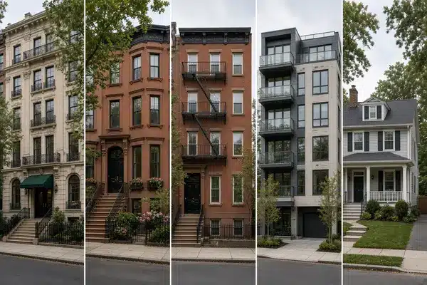 Photorealistic composite of residential properties across all five New York City boroughs – Manhattan co-op, Brooklyn townhouse, Bronx three-family, Queens condo, Staten Island home