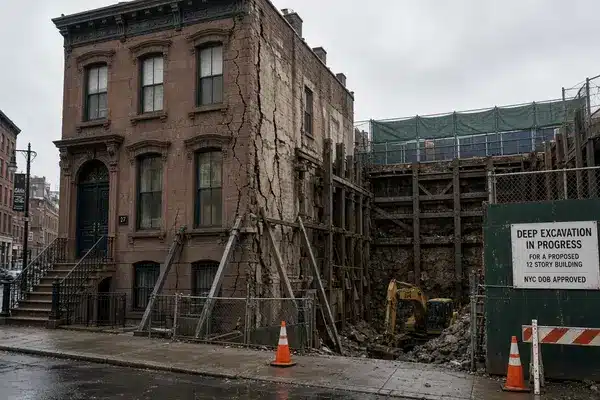 Neighboring construction excavation next to a historic NYC brownstone causing visible cracks in the party wall