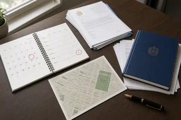 Desk with calendar marked for 90-day notice of claim and nine-month appraisal filing deadlines next to NYC property documents