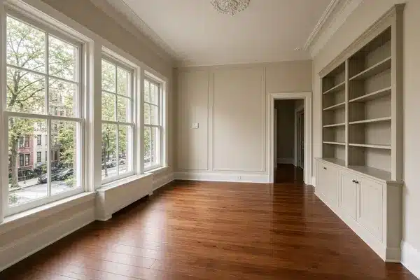 Photorealistic interior of a classic New York City co-op apartment living room with large windows overlooking a tree-lined street, emphasizing the unique ownership structure being valued