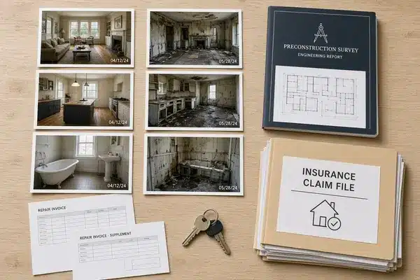 Collection of dated photographs, engineer’s preconstruction survey, and repair invoices ready for a before and after appraisal in New York City