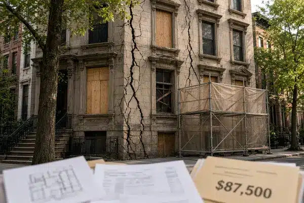 Photorealistic image of a damaged New York City brownstone with large facade cracks, boarded windows and scaffolding, with out-of-focus repair documents and a cost figure in the foreground illustrating how the lower of market-value drop or repair cost caps recovery