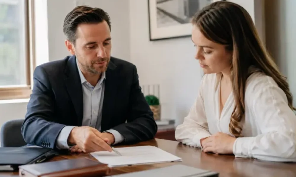 Owner and attorney reviewing paperwork before ordering a NYC property appraisal